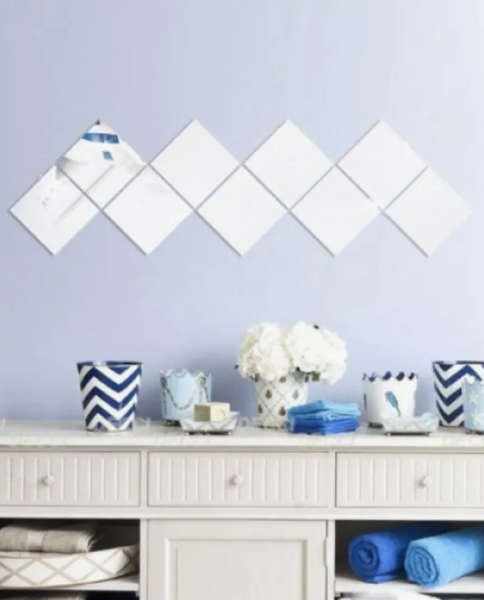 Зеркальный гибкий ПВХ пластик (небьющееся зеркало) СЕРЕБРО, острые углы / Зеркальные пластиковые панели 650х460х2 мм. / Наклейки интерьерные